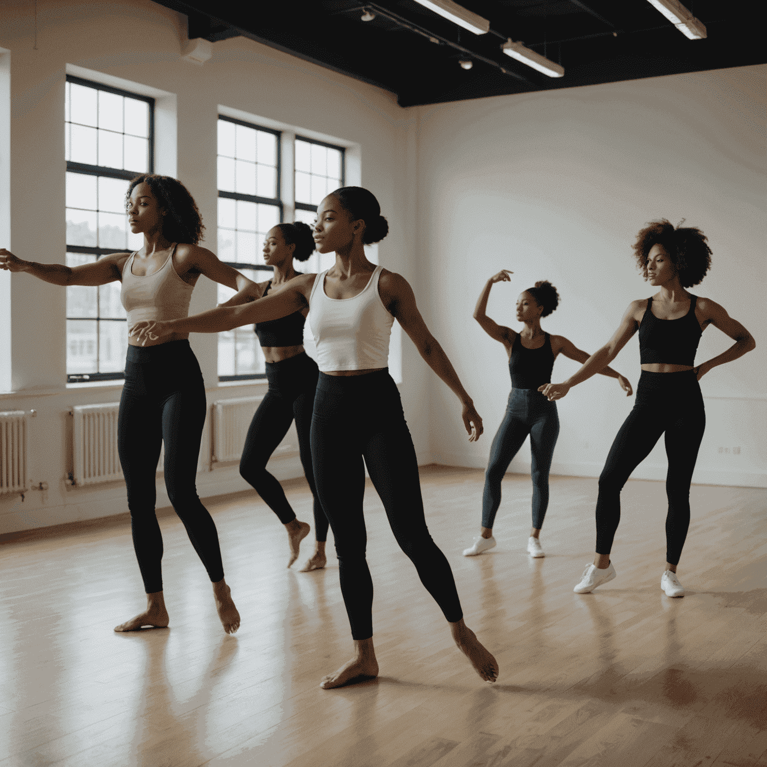 A group of diverse dancers in a modern studio, practicing contemporary dance moves with grace and enthusiasm