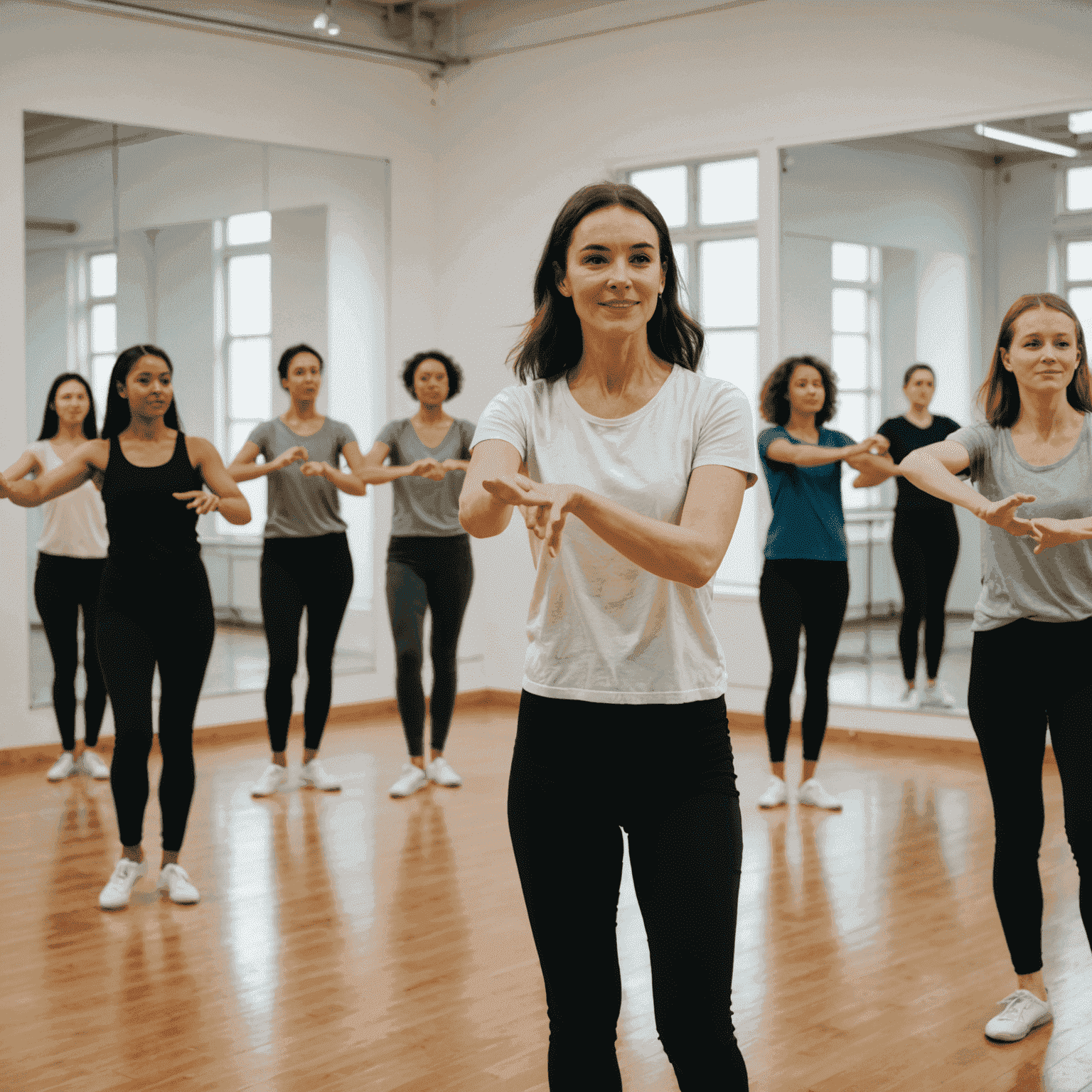 A group of beginners learning basic modern dance steps in a bright, spacious studio with mirrors. The instructor is demonstrating a simple arm movement.