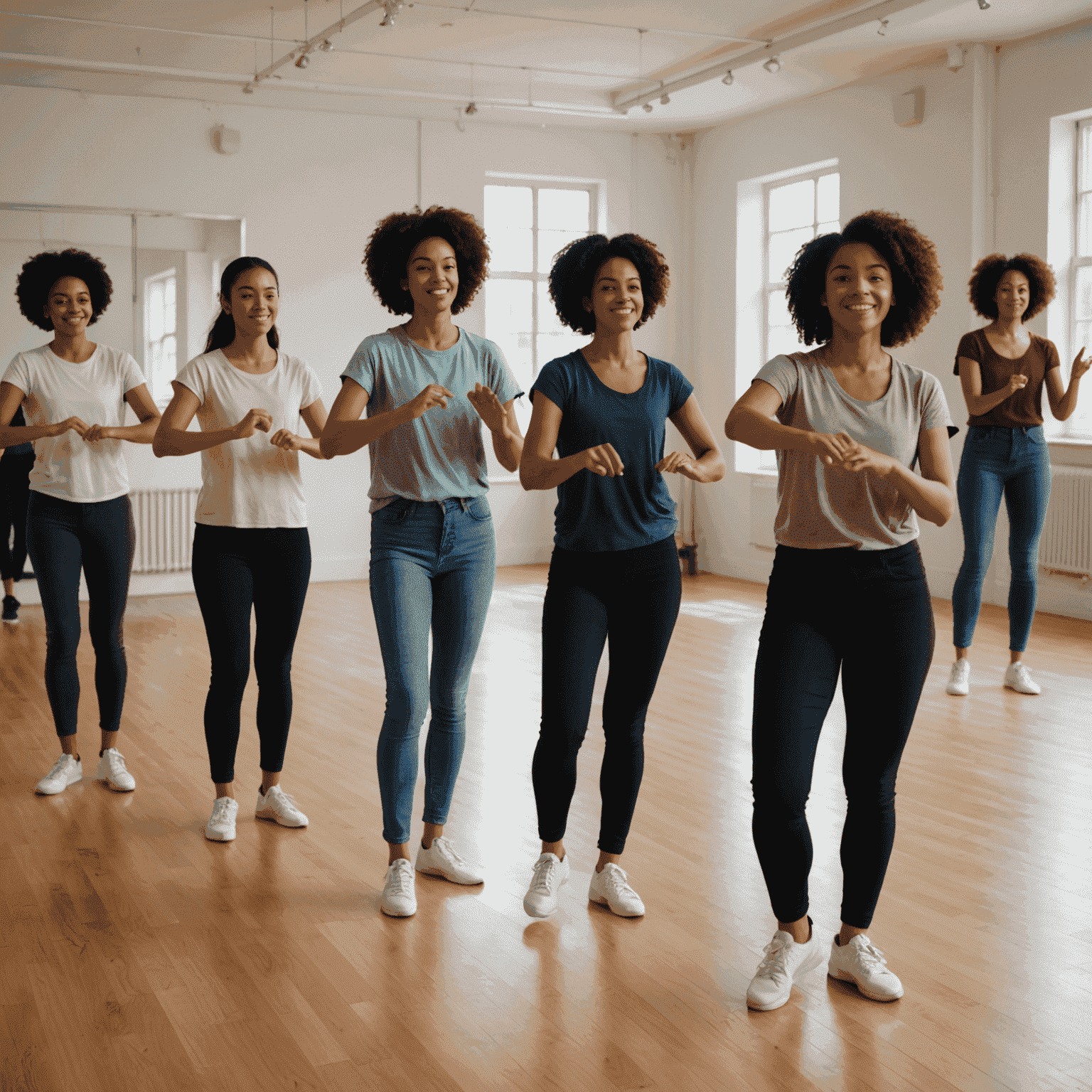 A group of diverse beginners practicing basic dance moves in a bright, spacious studio. The instructor is demonstrating a simple arm position while students mirror the movement.