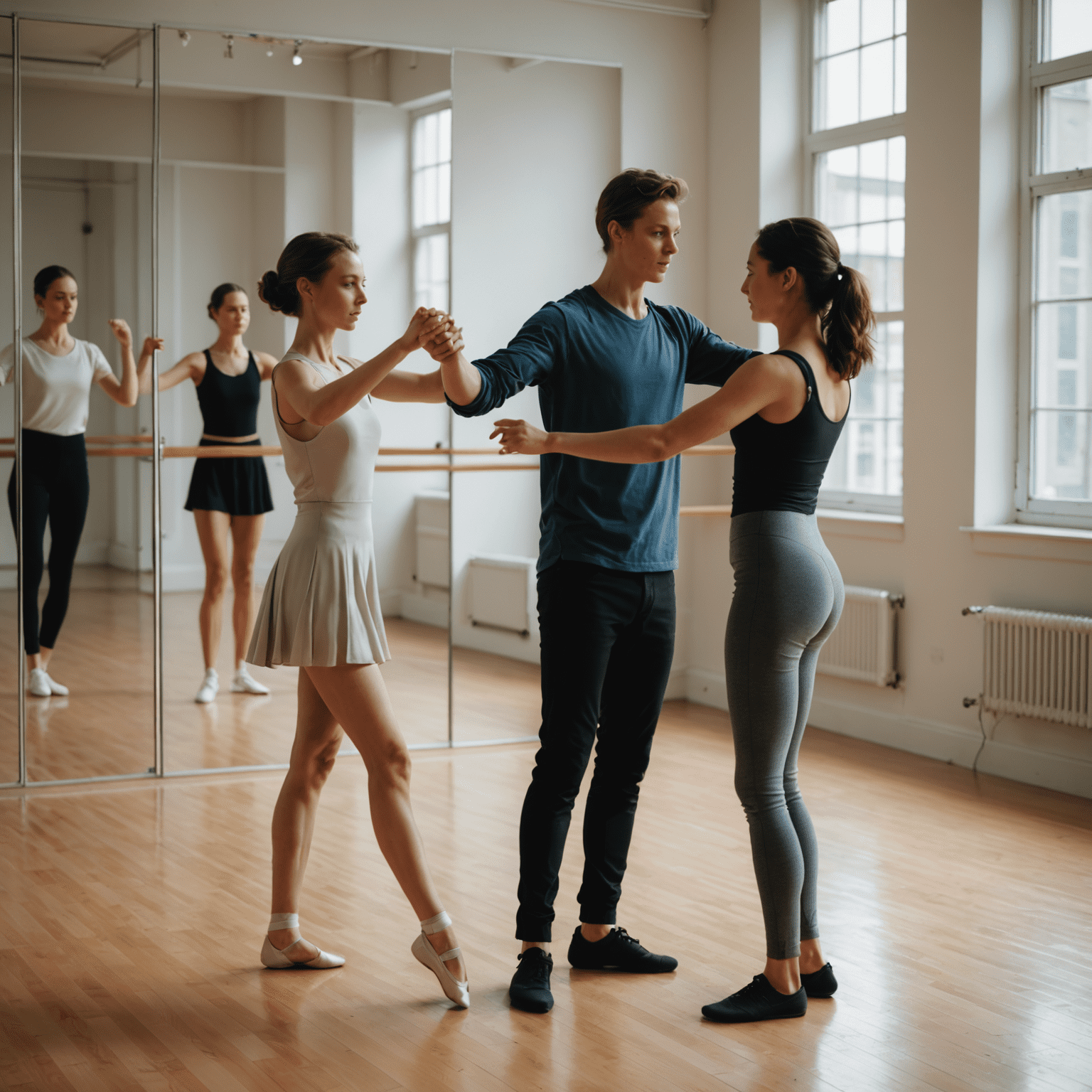 A dance instructor guiding a student through a one-on-one modern dance lesson in a spacious, well-lit studio with mirrors. The instructor is demonstrating a graceful arm movement while the student attentively follows.