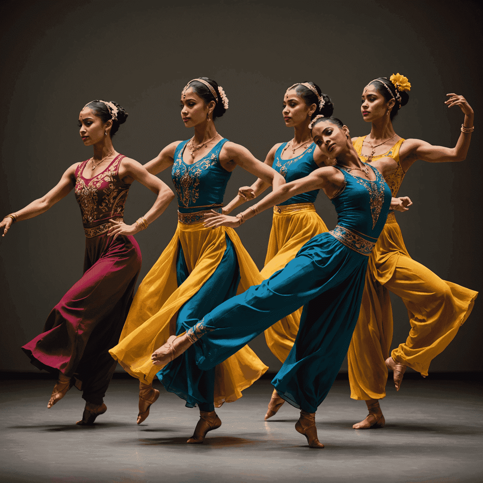 A group of dancers performing a fusion of modern and traditional dance styles, showcasing fluid movements and vibrant costumes