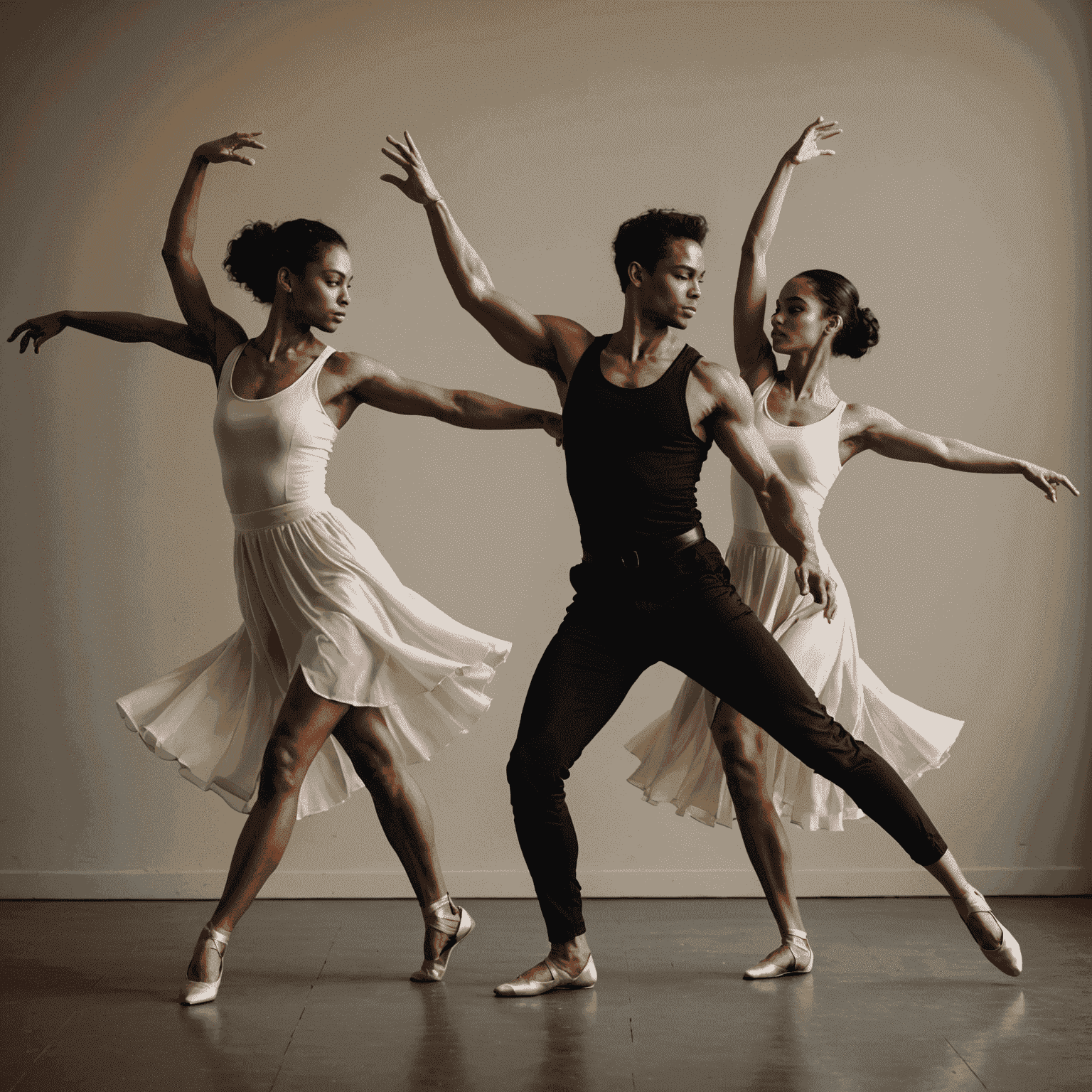 Dancers performing contemporary fusion style, blending modern movements with classical techniques