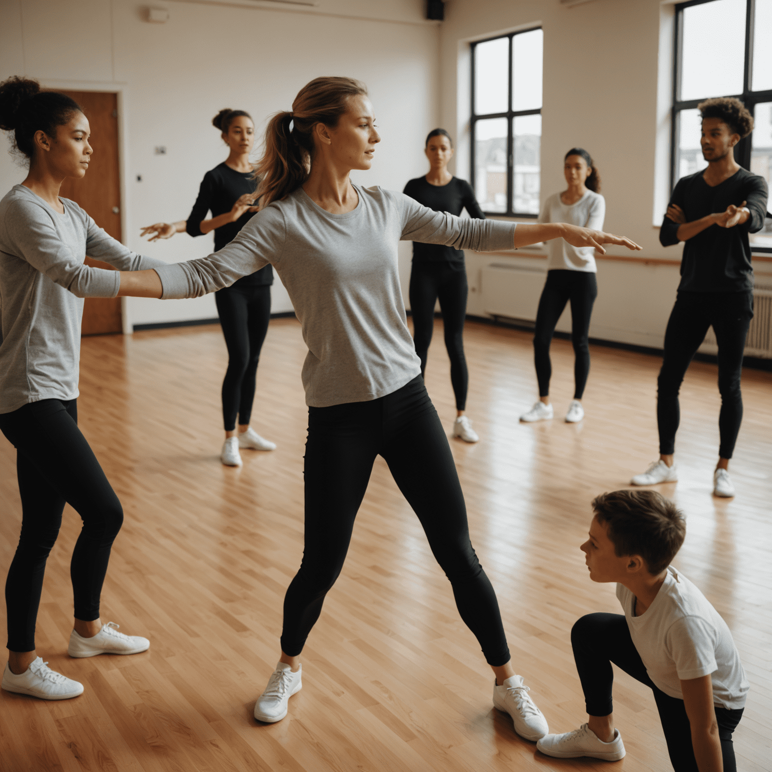 An instructor demonstrating a fluid modern dance move to a small group of attentive intermediate students