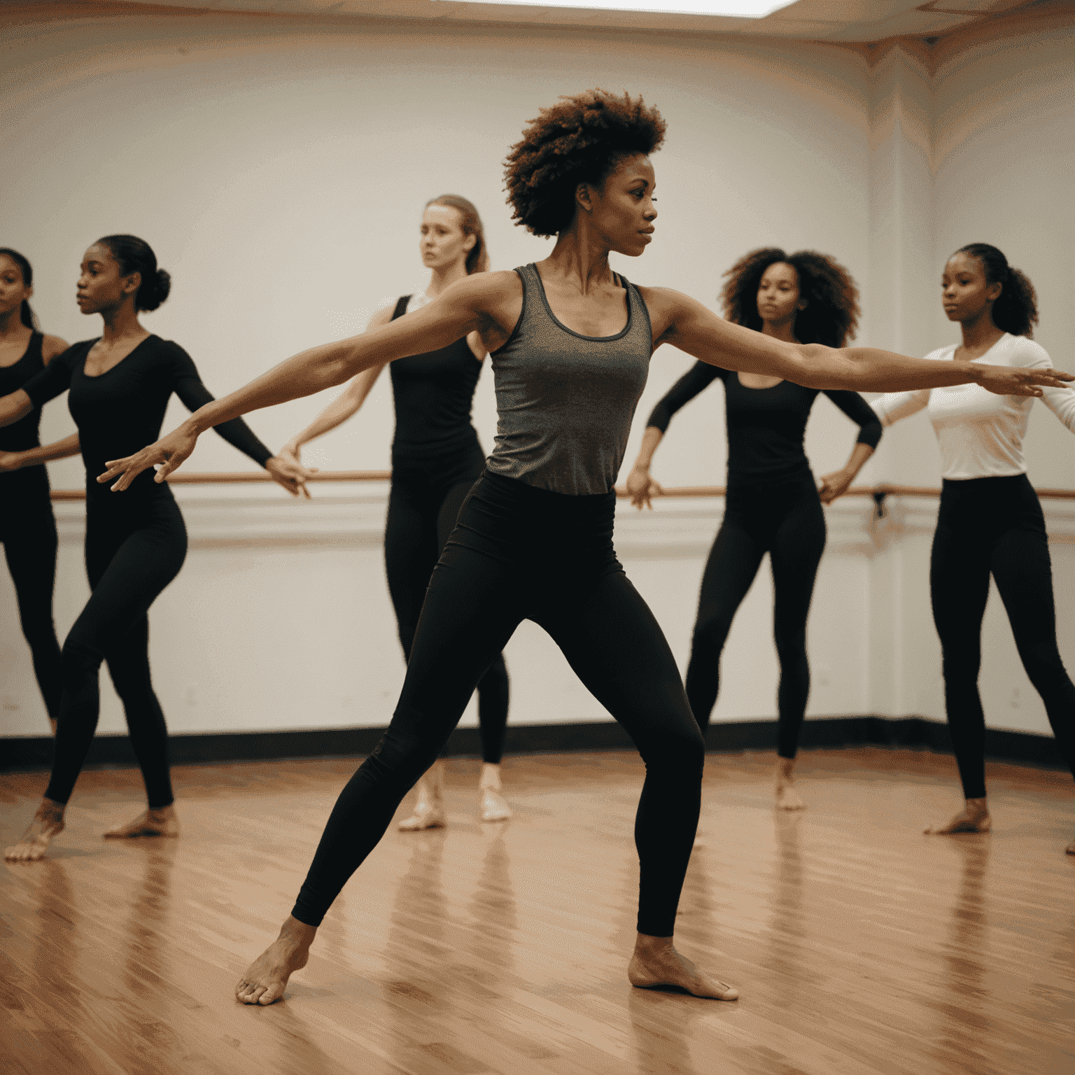 A professional dance instructor demonstrating an advanced contemporary dance move to a small group of attentive dancers in a studio setting.