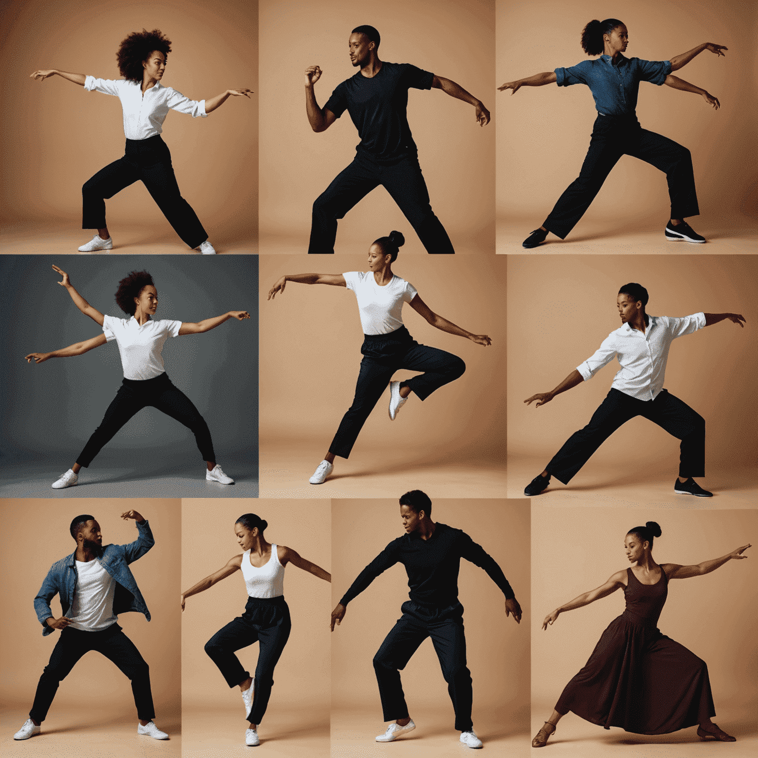 A collage of four diverse dance instructors in action, each demonstrating different modern dance moves. The images showcase their expertise and passion for teaching dance.