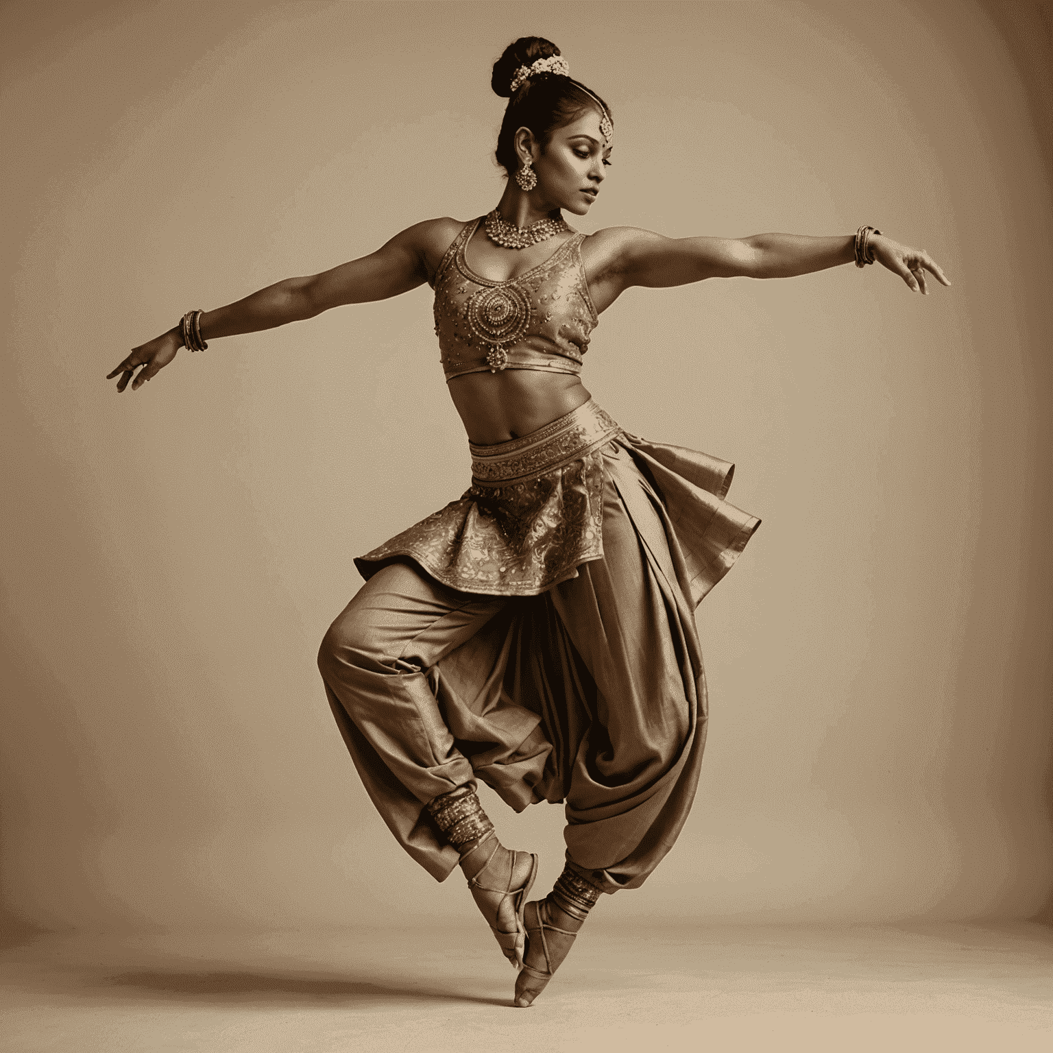 A dancer performing a complex fusion move, blending elements of contemporary, hip-hop, and classical Indian dance