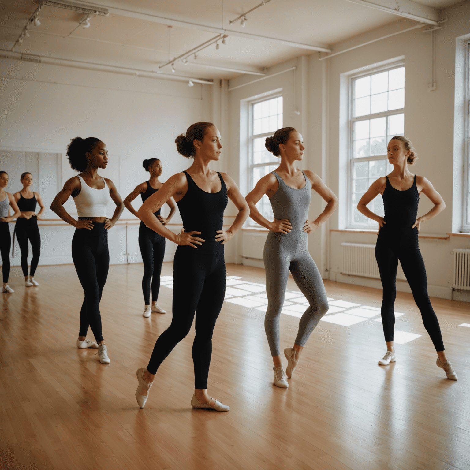 Group of dancers in a bright studio practicing advanced techniques during a summer intensive workshop