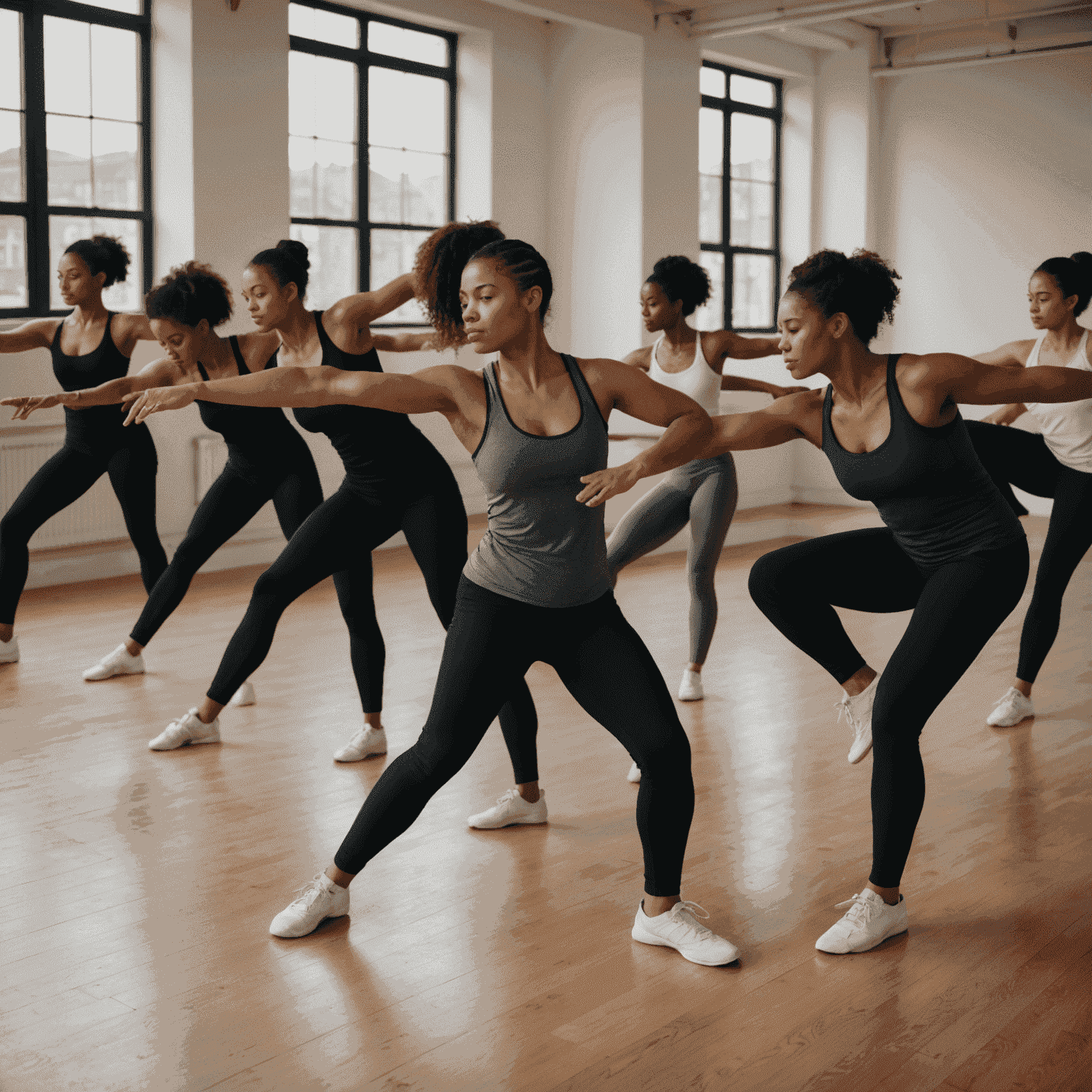 Group of diverse dancers stretching and preparing for an intensive workshop session, with a mix of ages and body types represented