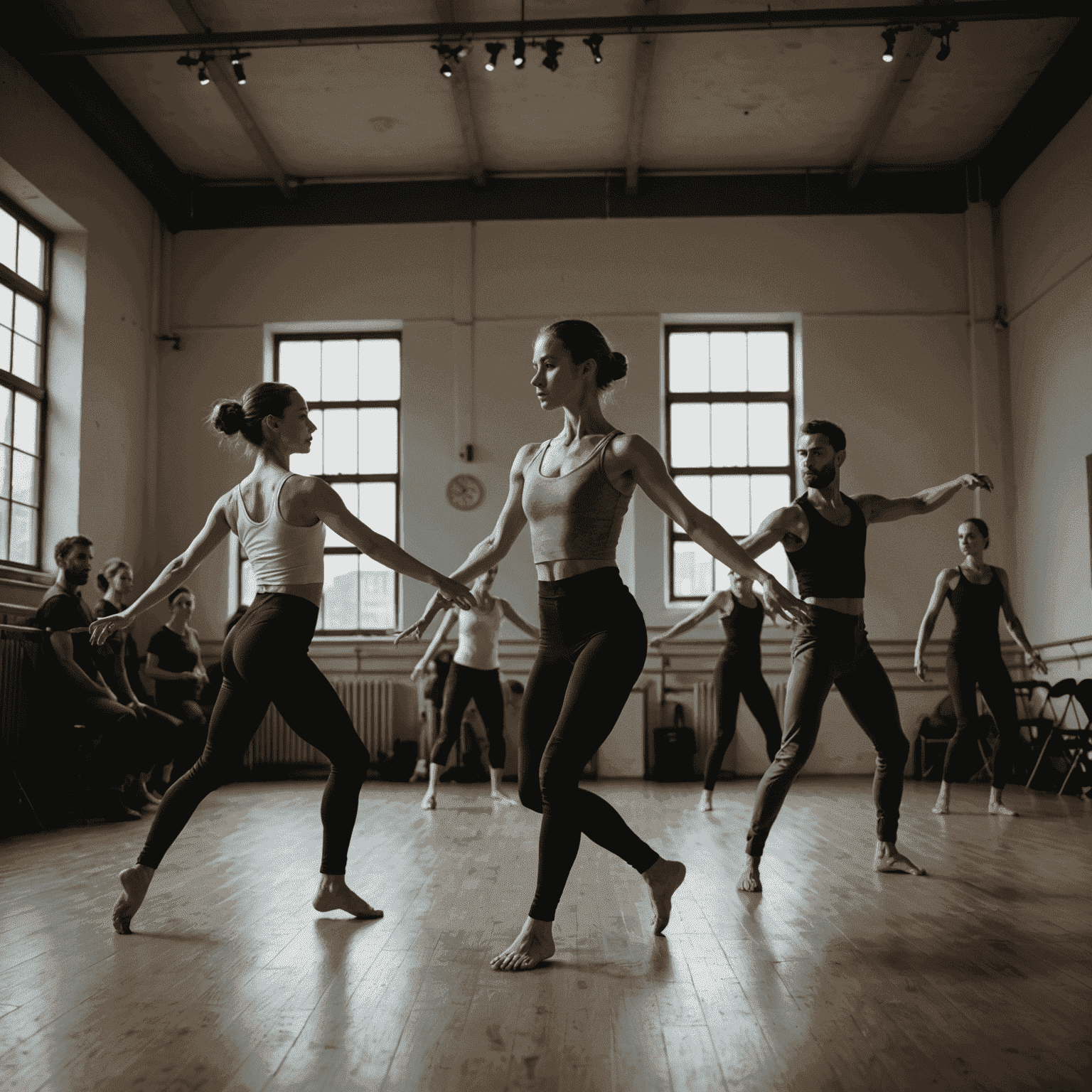 Professional dancers in an intensive workshop, performing a complex modern dance routine. The image captures their precise movements and emotional expressions.