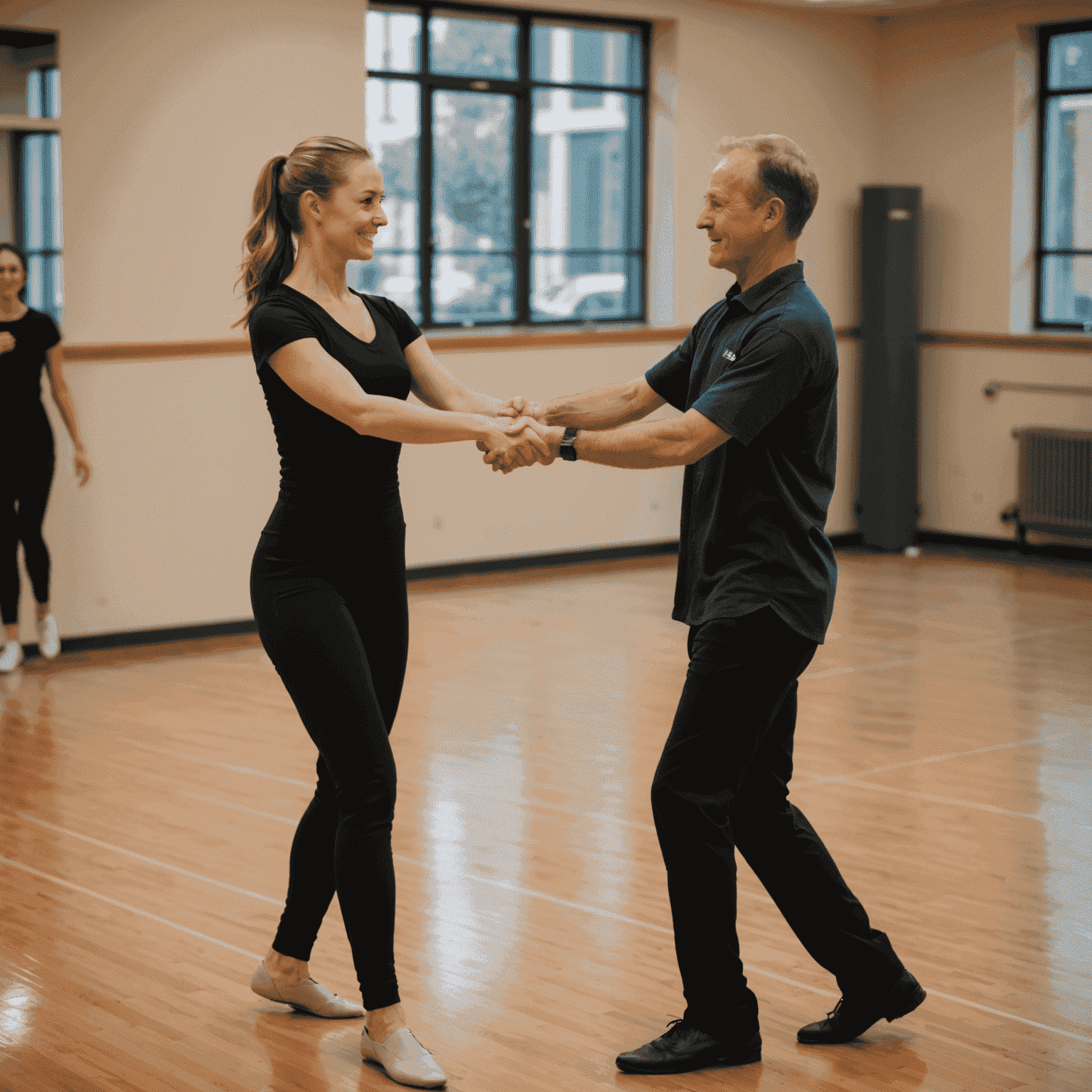 A one-on-one private lesson with an instructor guiding a student through a personalized dance routine. The image shows close attention and individualized feedback.